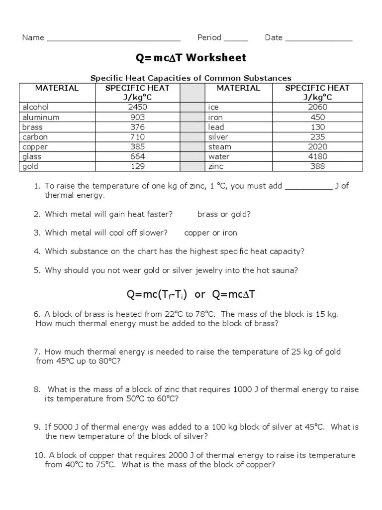 Specific Heat Worksheet Answer Key