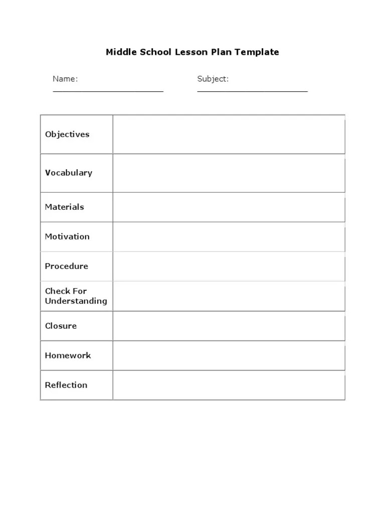 Middle School Lesson Plan Template PDF