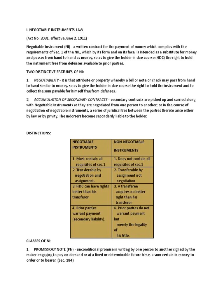 Distinctions Negotiable Instruments NonNegotiable Instruments PDF