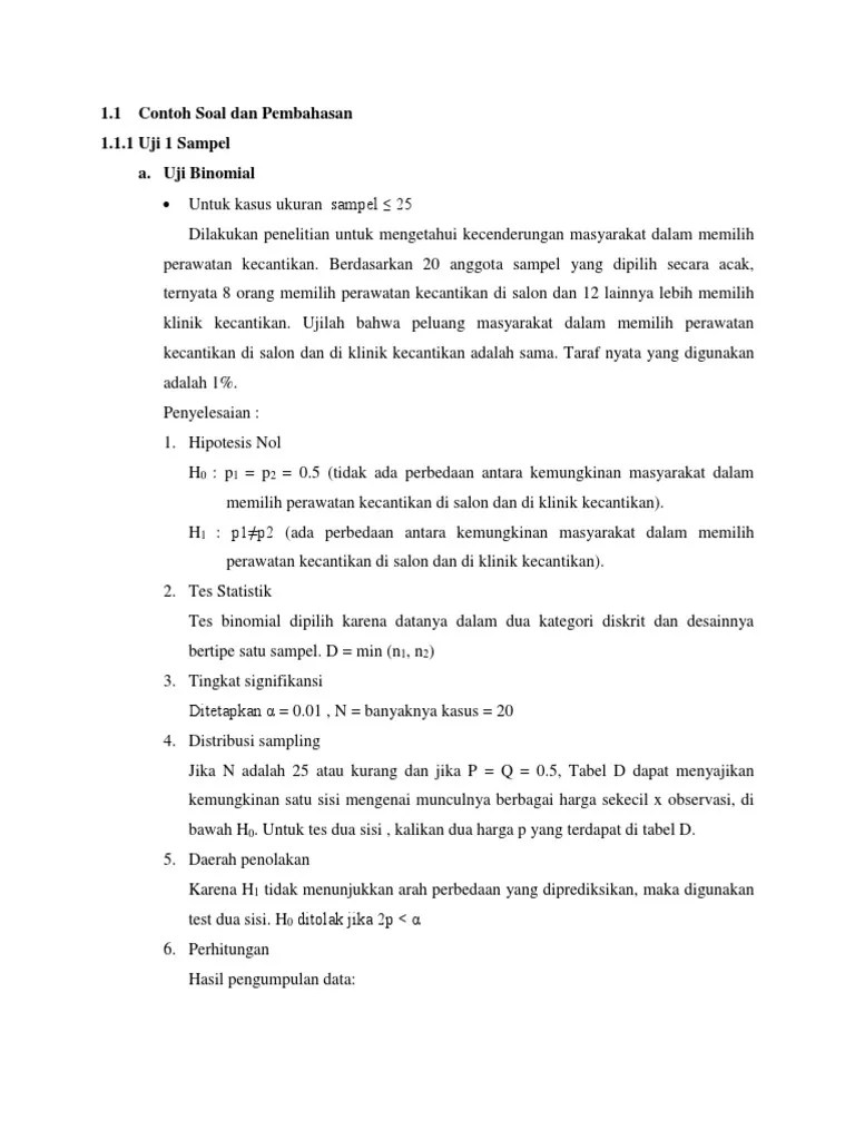 Contoh Soal Statistik Non Parametrik Uji Tanda