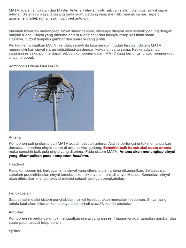 MATV Adalah Singkatan Dari Master Antena Televisi
