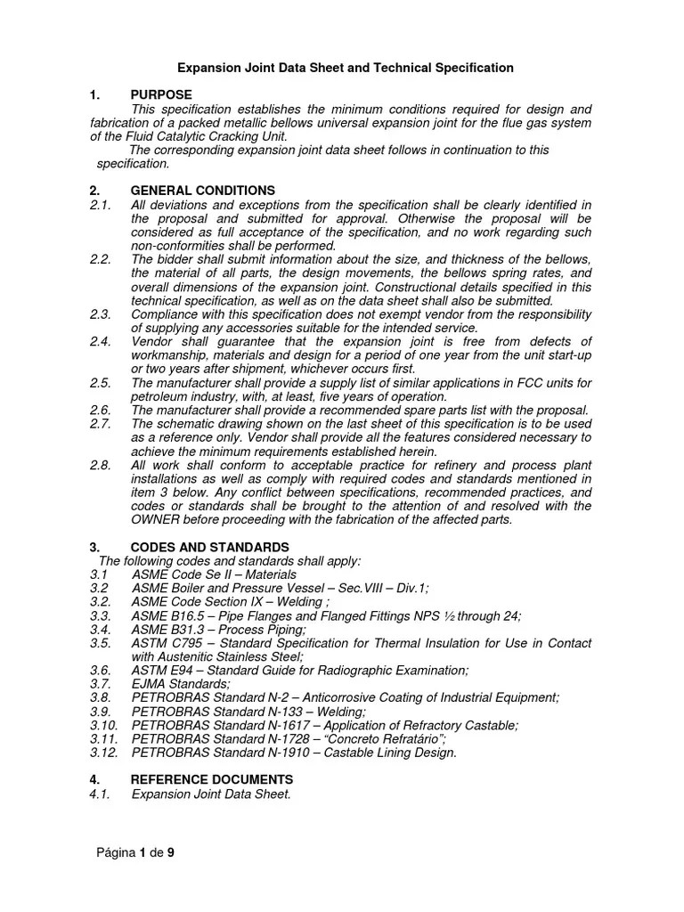 Expansion Joint Technical Specification and Data Sheet PDF Welding Construction