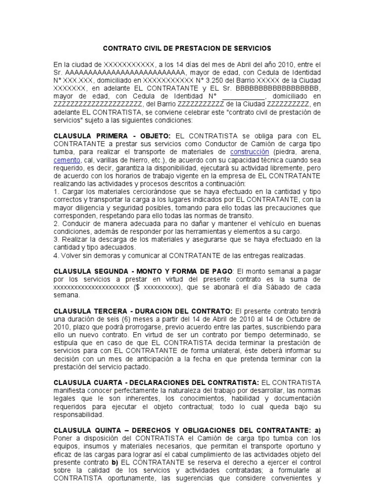 CONTRATO CIVIL DE PRESTACION DE SERVICIOS (Chofer de CAMIÓN)