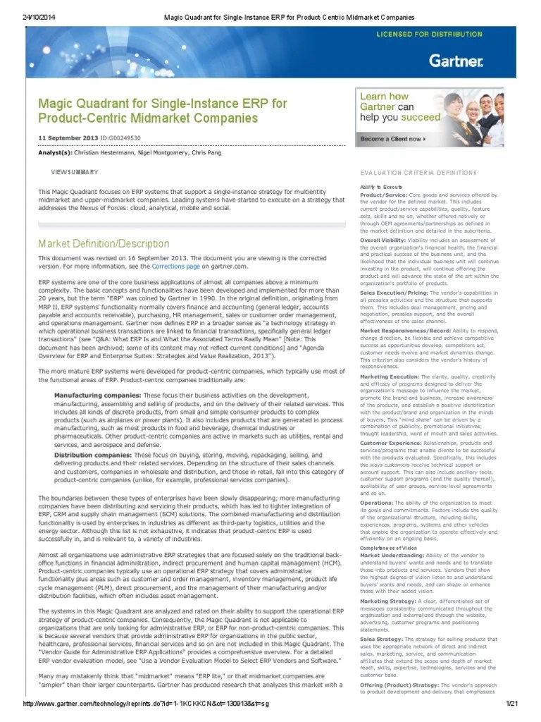 Magic Quadrant For Single Instance ERP For Product Centric Midmarket