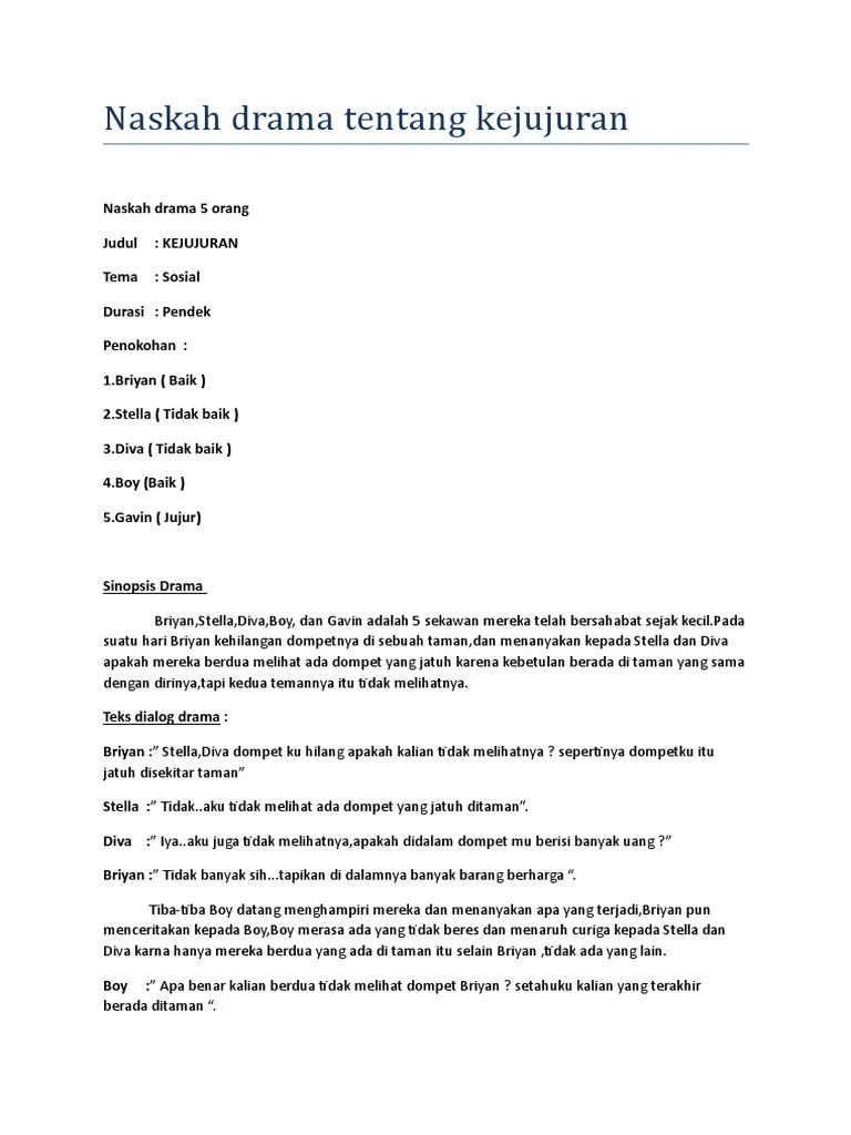 Contoh Naskah Drama Pendek 5 Orang Tentang Kejujuran Berbagai Naskah