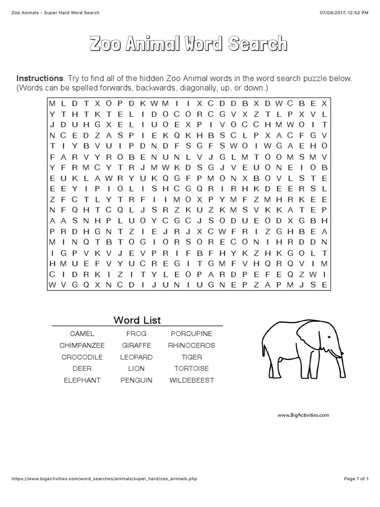 Zoo Animals Super Hard Word Search PDF Word Search Leisure
