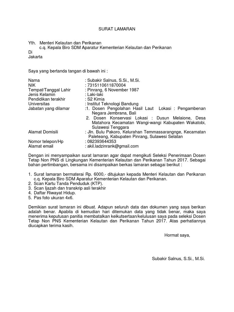 Contoh Surat Lamaran Cpns Kementrian Lingkungan Hidup contoh surat