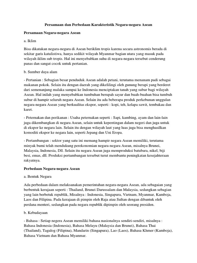 Persamaan dan Perbedaan Karakteristik Negara-negara Asean