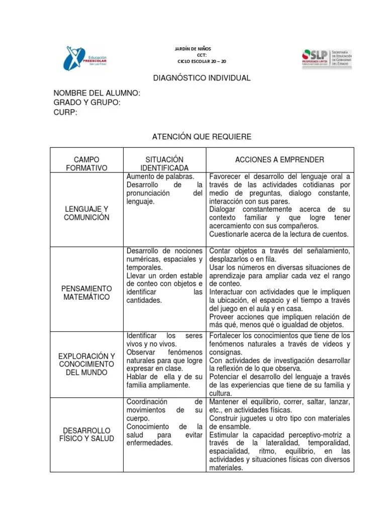Ejemplo Diagnostico Individual en Preescolar. Jardín de