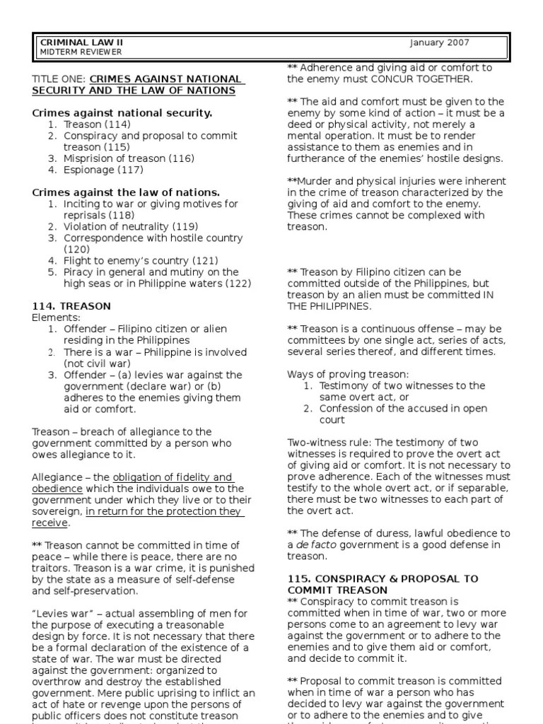 Philippine Revised Penal Code Book 2 Midterm Reviewer Treason