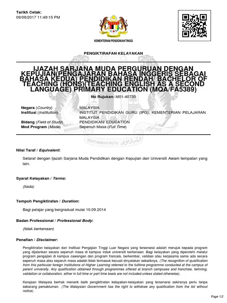 Mohe Surat Kelayakan Pengiktirafan Akademi Jpa