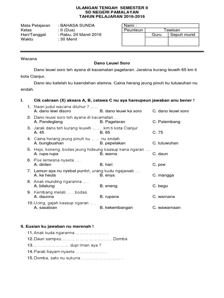 Soal UTS Kelas 2 SD Bahasa Sunda Semester 2 | PDF
