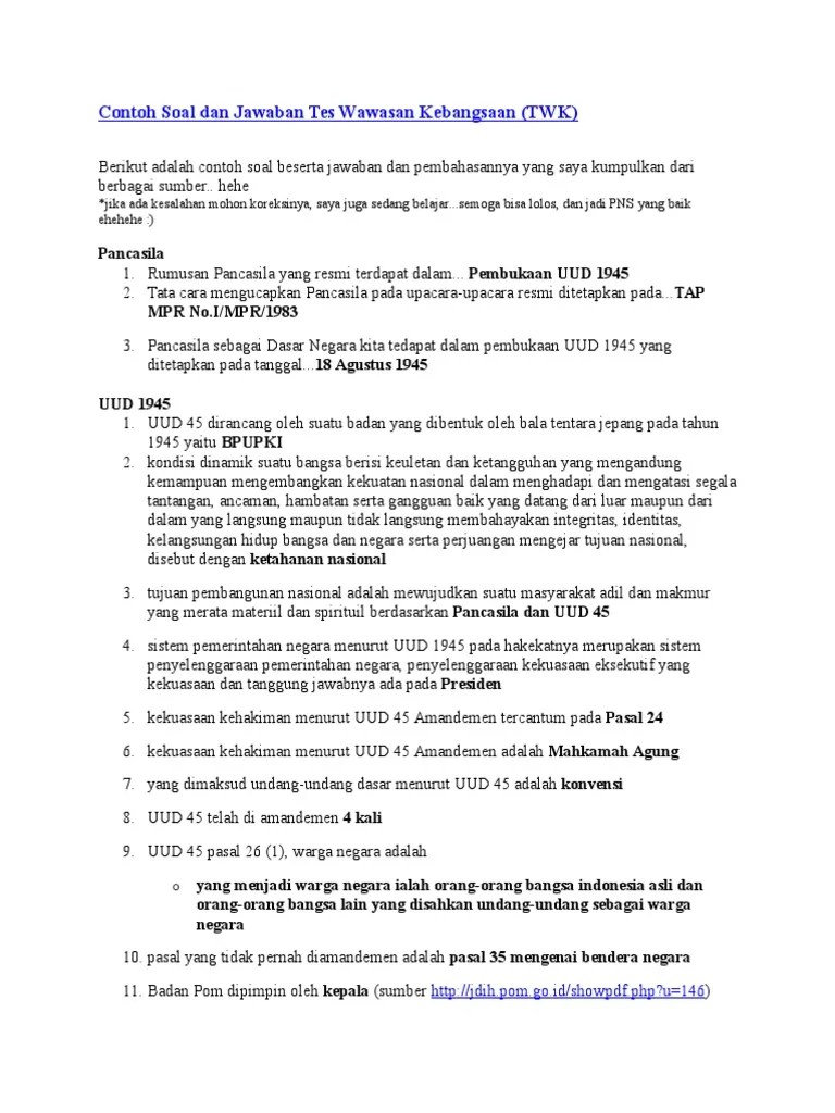 Contoh Soal Dan Jawaban Tes Wawasan Kebangsaan PDF