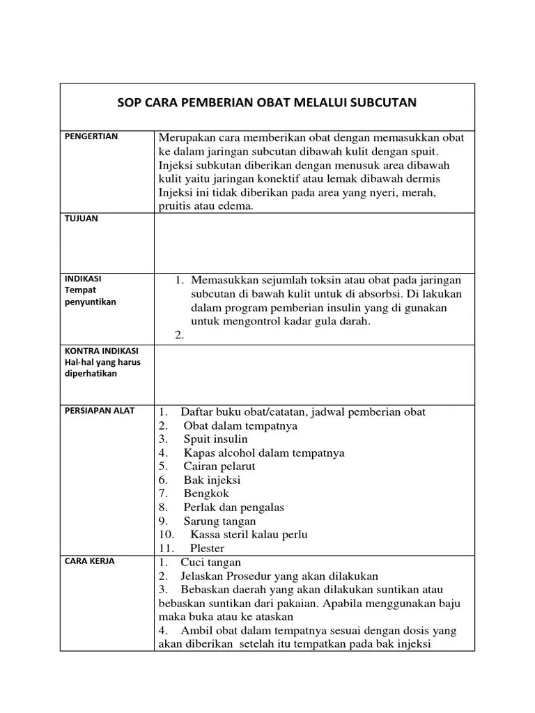 Sop Cara Pemberian Obat Melalui Subcutan Kelompok 4 | PDF