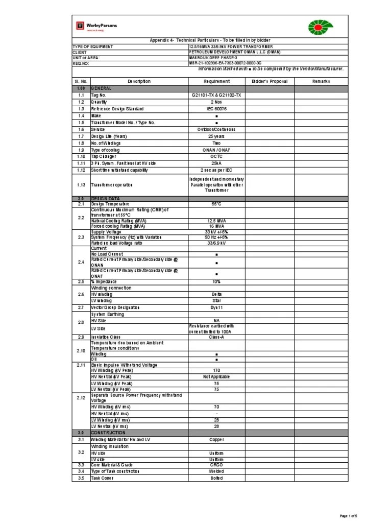 12 5 16 MVA Power Transformer Data Sheet PDF PDF Transformer Insulator (Electricity)