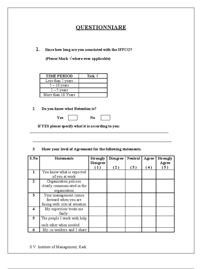 Retention Questionnaire 12 Employee Benefits Working Conditions