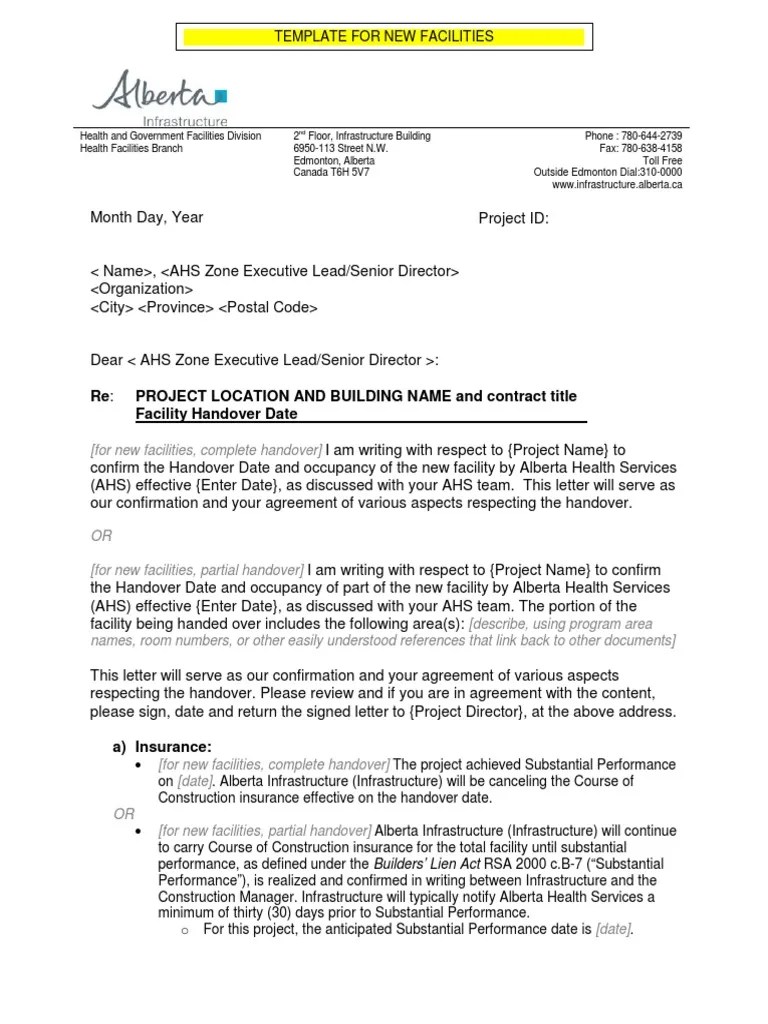 Appendix 12.6 Handover Letter Template for New Facilities (2