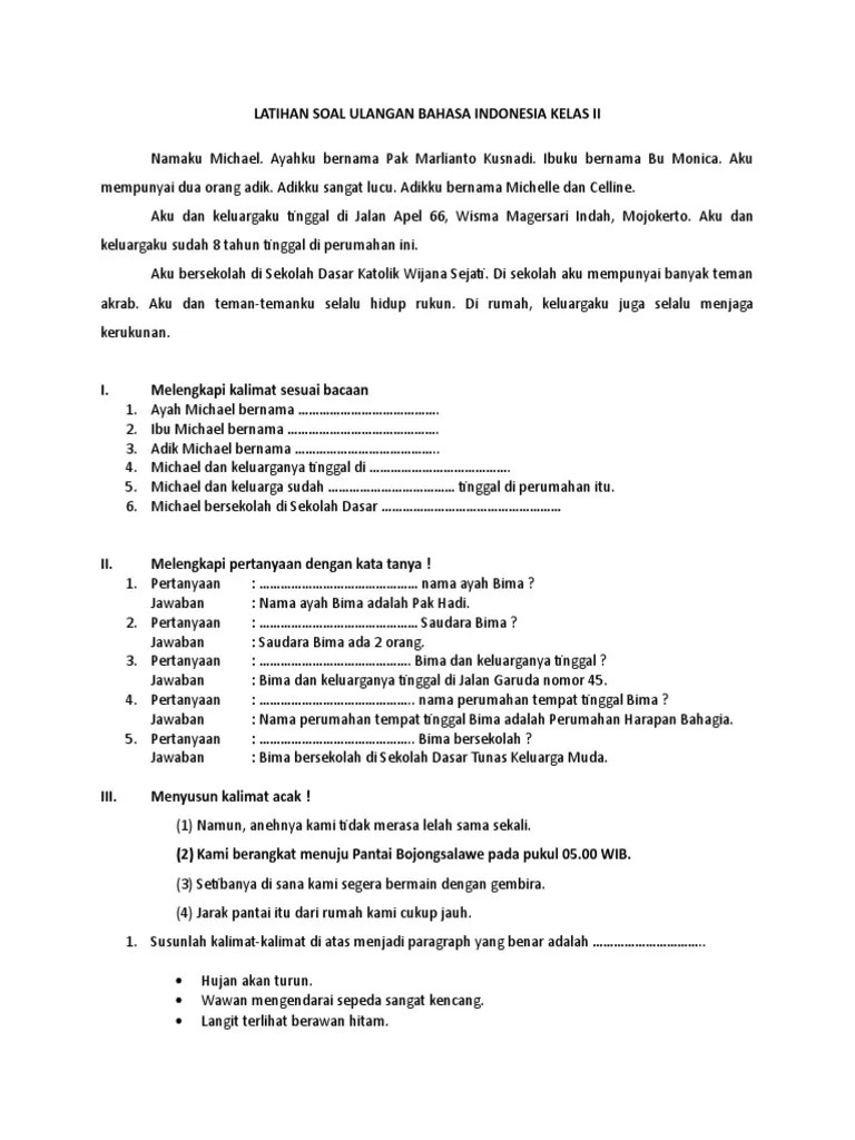 Latihan Soal Ulangan Bahasa Indonesia Kelas II | PDF