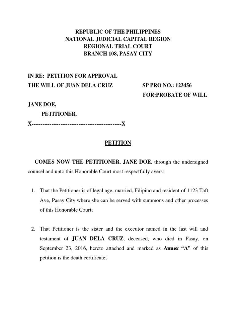 Petition For Probate of A Will PDF Will And Testament Probate