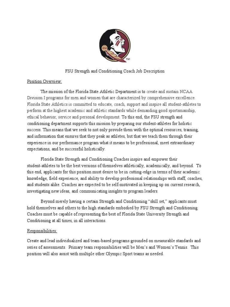 FSU Strength and Conditioning Coach Job Description TENNIS Cognition