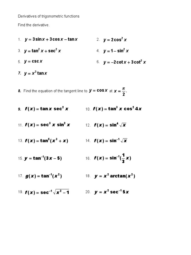 Worksheet Trig Derivatives Sine Trigonometric Functions