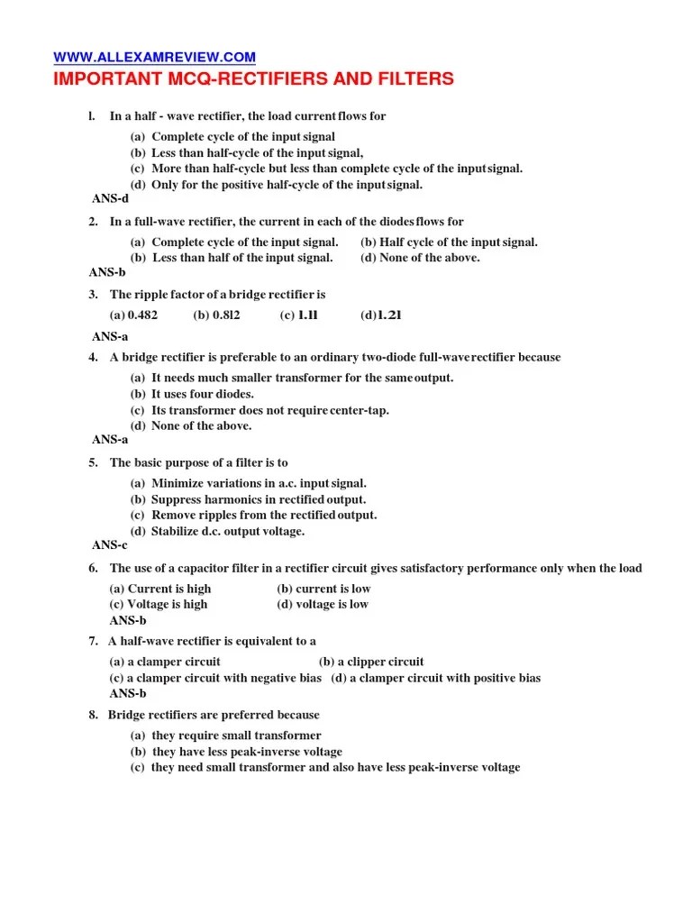 Important McqRectifiers and Filters PDF Rectifier Computer