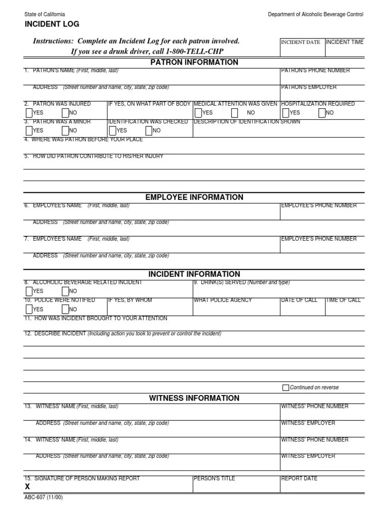 Instructions Complete An Incident Log For Each Patron Involved. If You