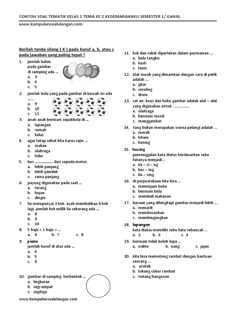Soal Uts Tematik Kelas 1 Tema 2 Kegemarannku Semester 1 | PDF