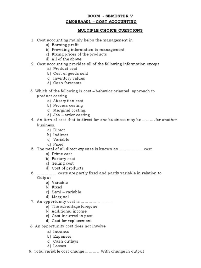 Semester V Cm05Baa01 Cost Accounting Multiple Choice Questions