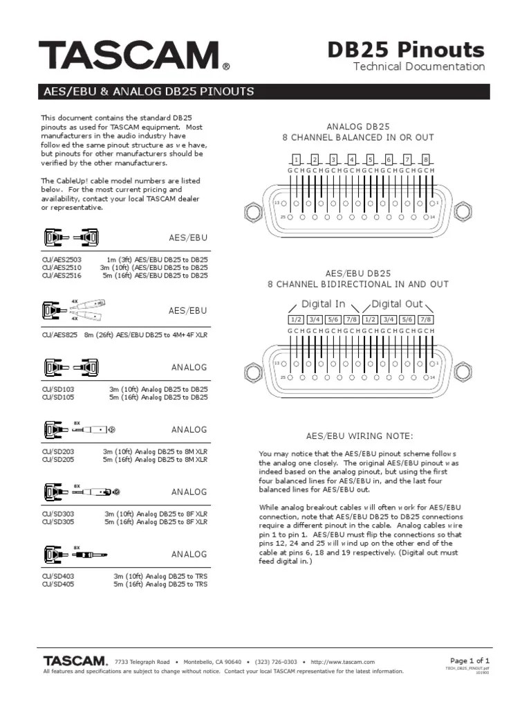 Tascam DB 25 Pinout | Sound Technology | Electrical Components