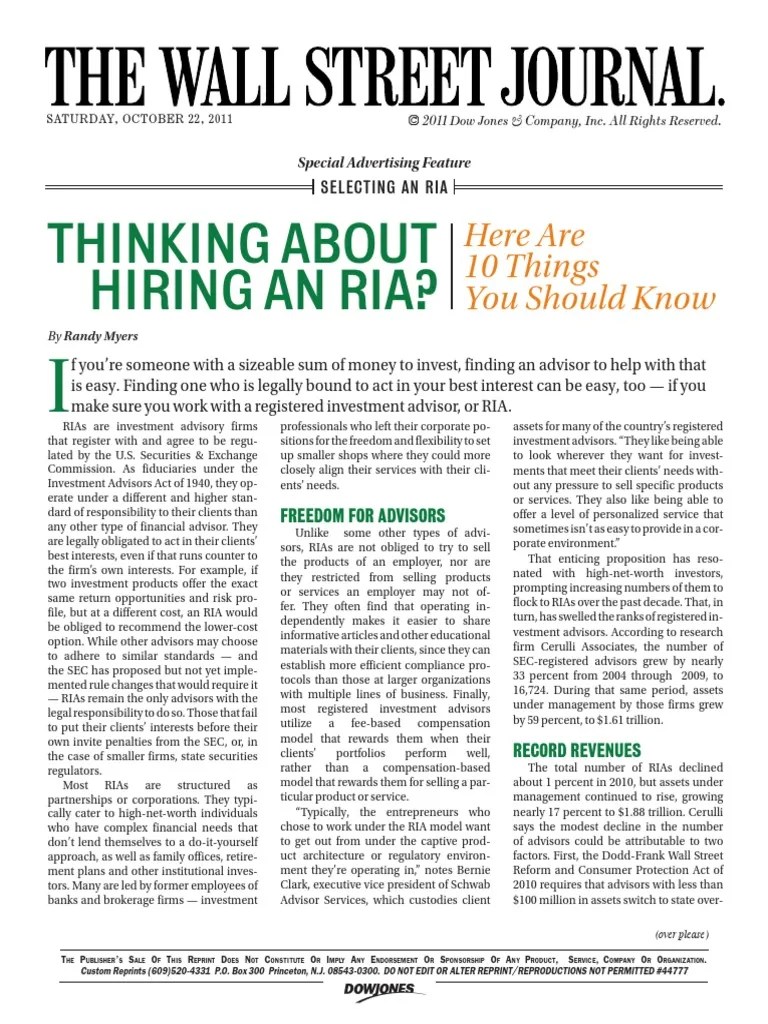 WSJ Reprint 44777 PDF Financial Adviser Investing