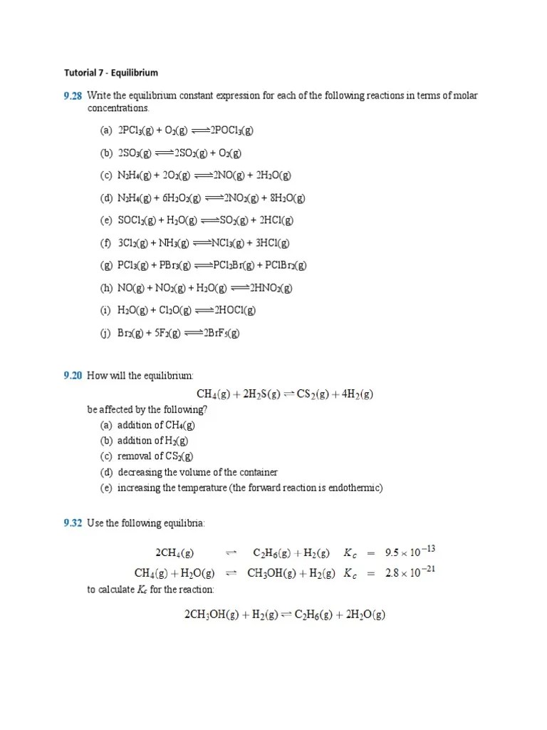 Tutorial 7 (Equilibrium)Questions.pdf Molar Concentration Chemical