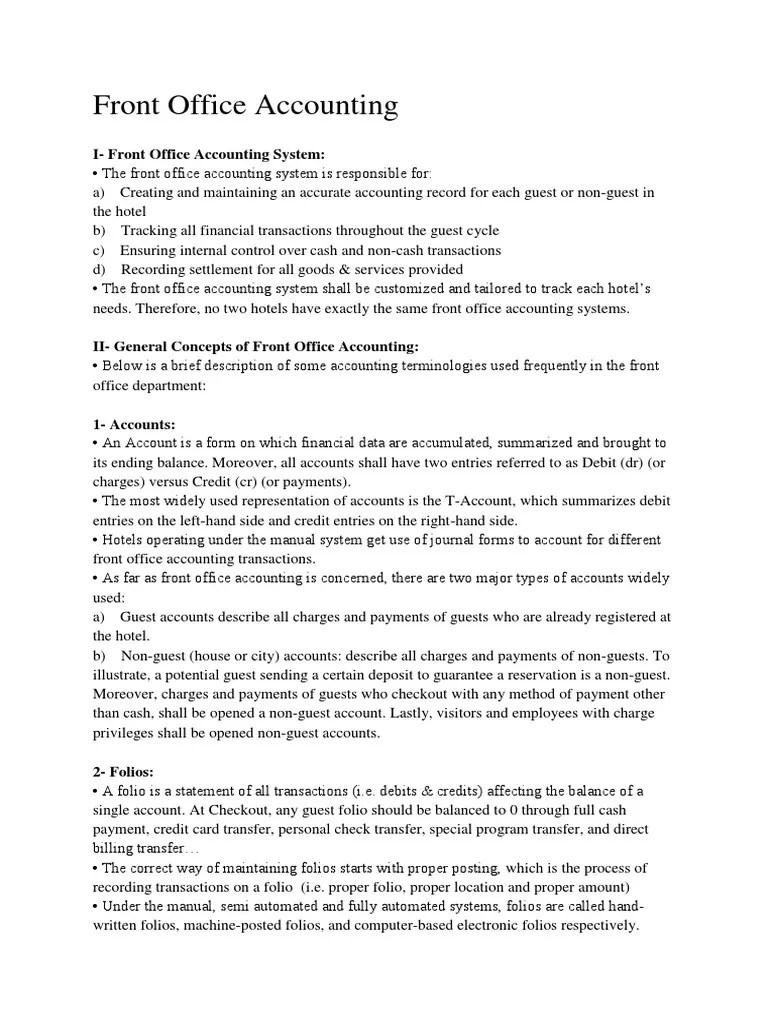 Front Office Accounting Debits And Credits Financial Transaction