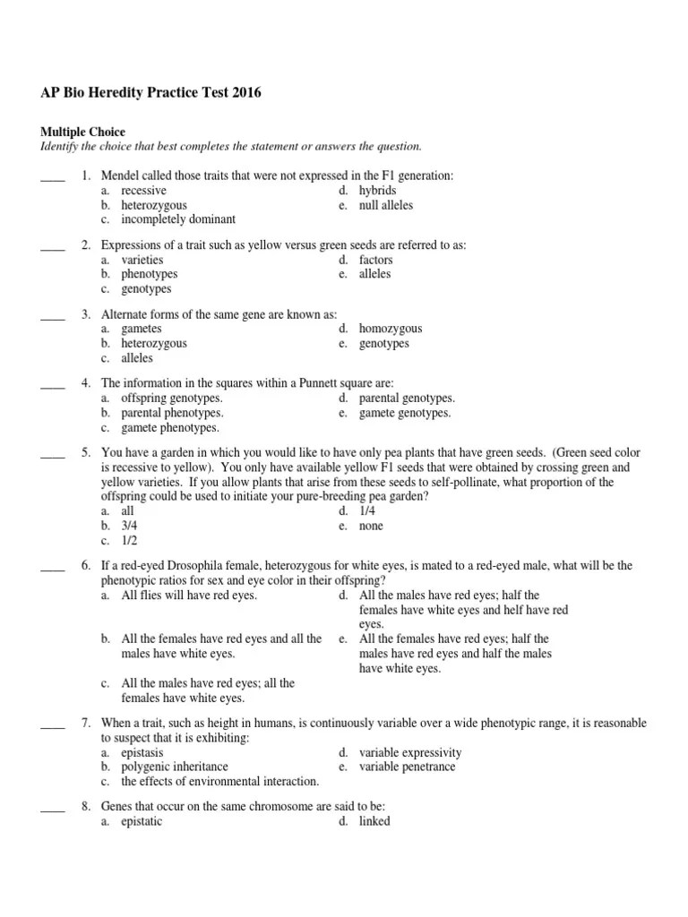 AP Heredity Practice Test 2016 Dominance Zygosity
