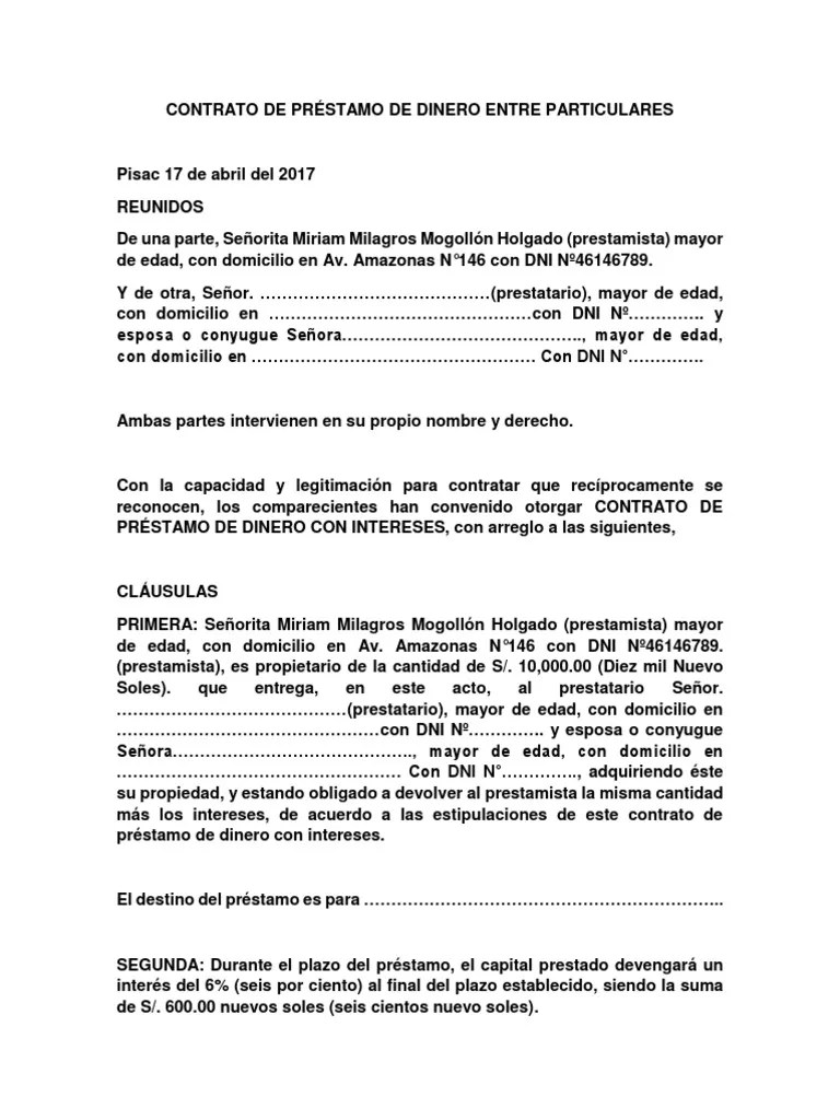 Contrato de Préstamo de Dinero Entre Particulares Ok Política