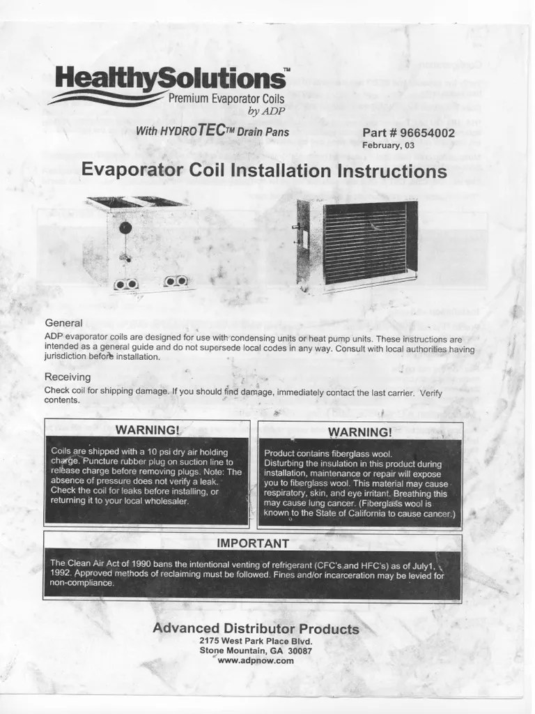Evaporator Coil Installation Instructions 96654002 ADP | PDF