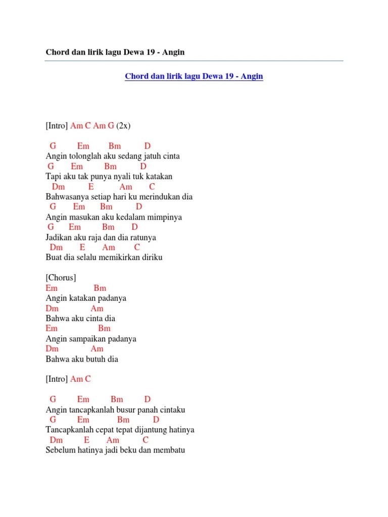Kunci Gitar Lagu Dewa 19 Angin Chord Gitar dan Lirik Lagu Indonesia