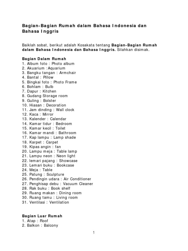 Bagian-Bagian Rumah Dalam Bahasa Indonesia Dan Bahasa Inggris | PDF