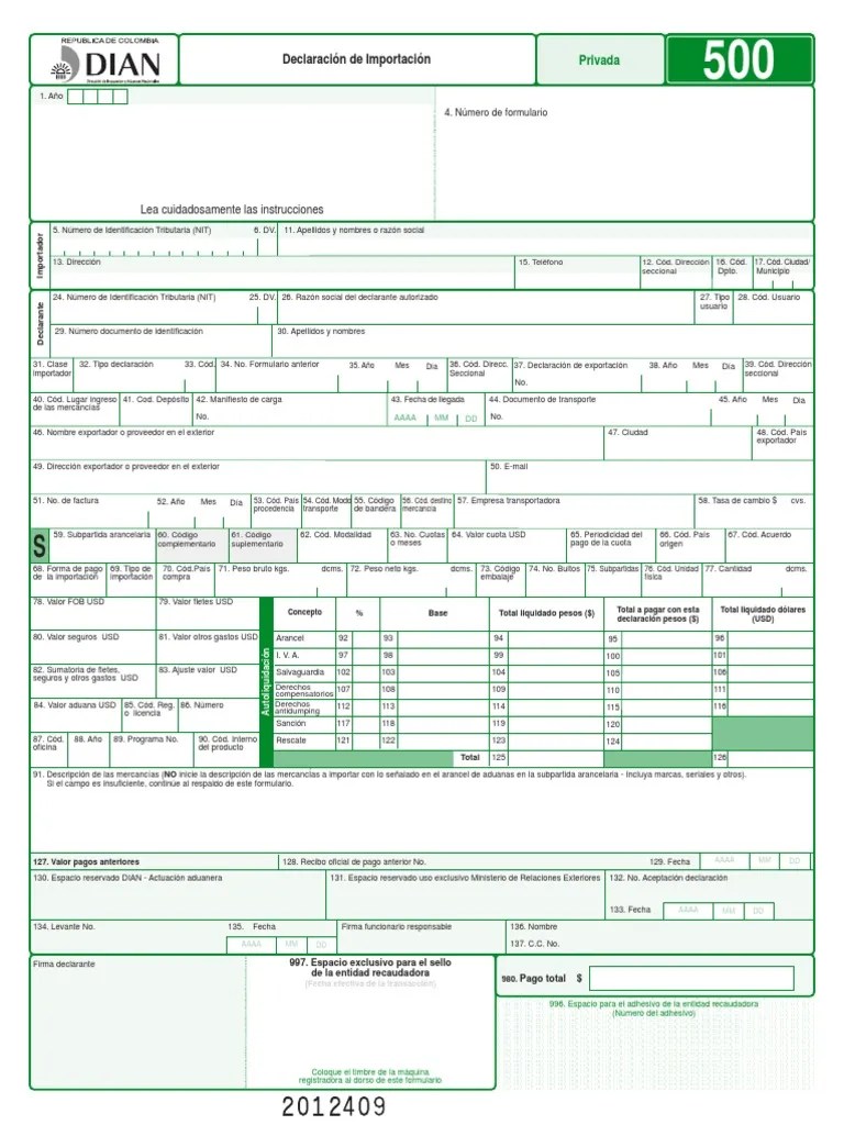 Colombian DIANDIM 500 Form aduana Comercio