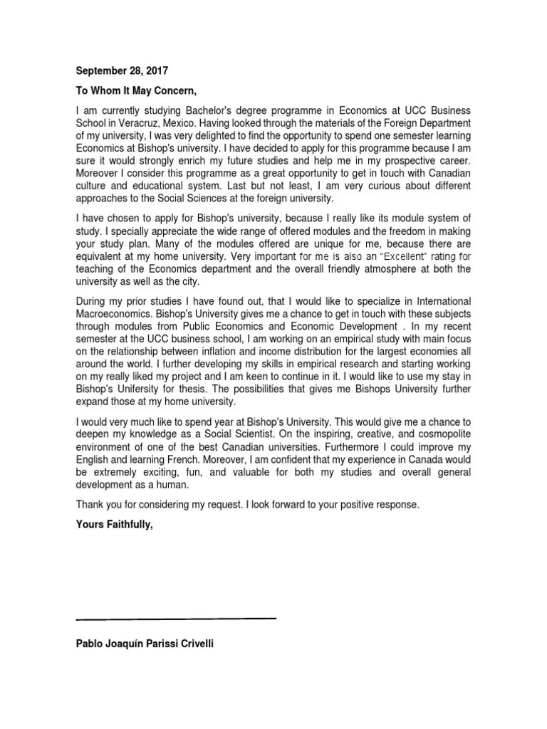 Carta Motivos en ingles University Economics