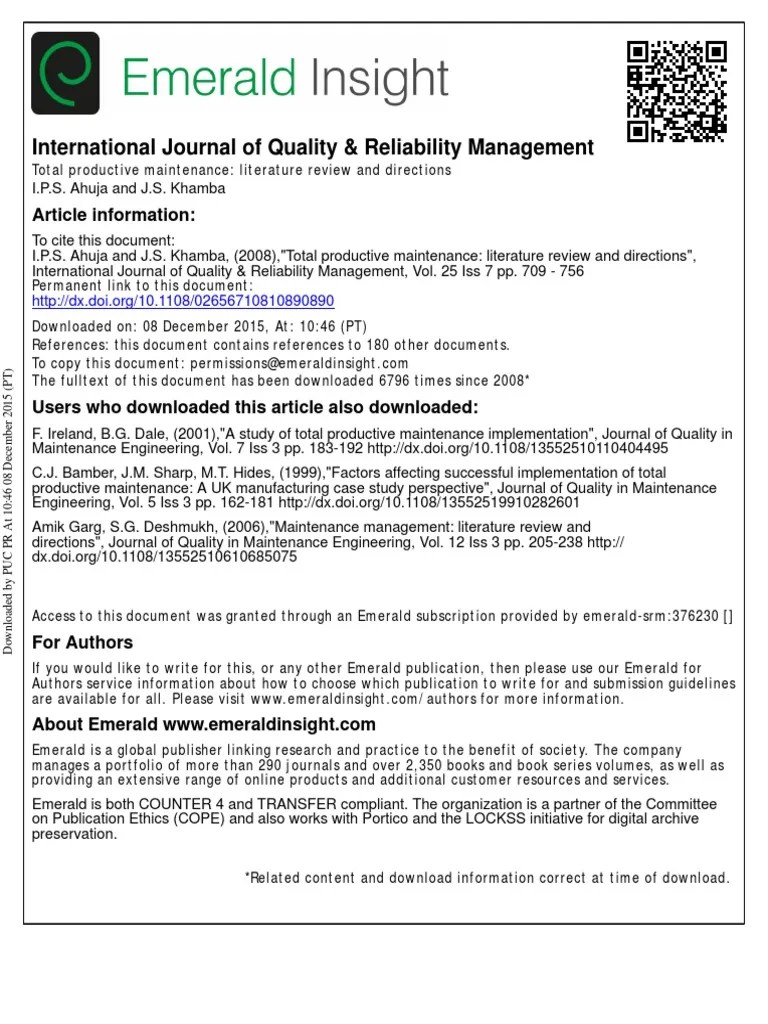 Total Productive Maintenance PDF Reliability Engineering Industries