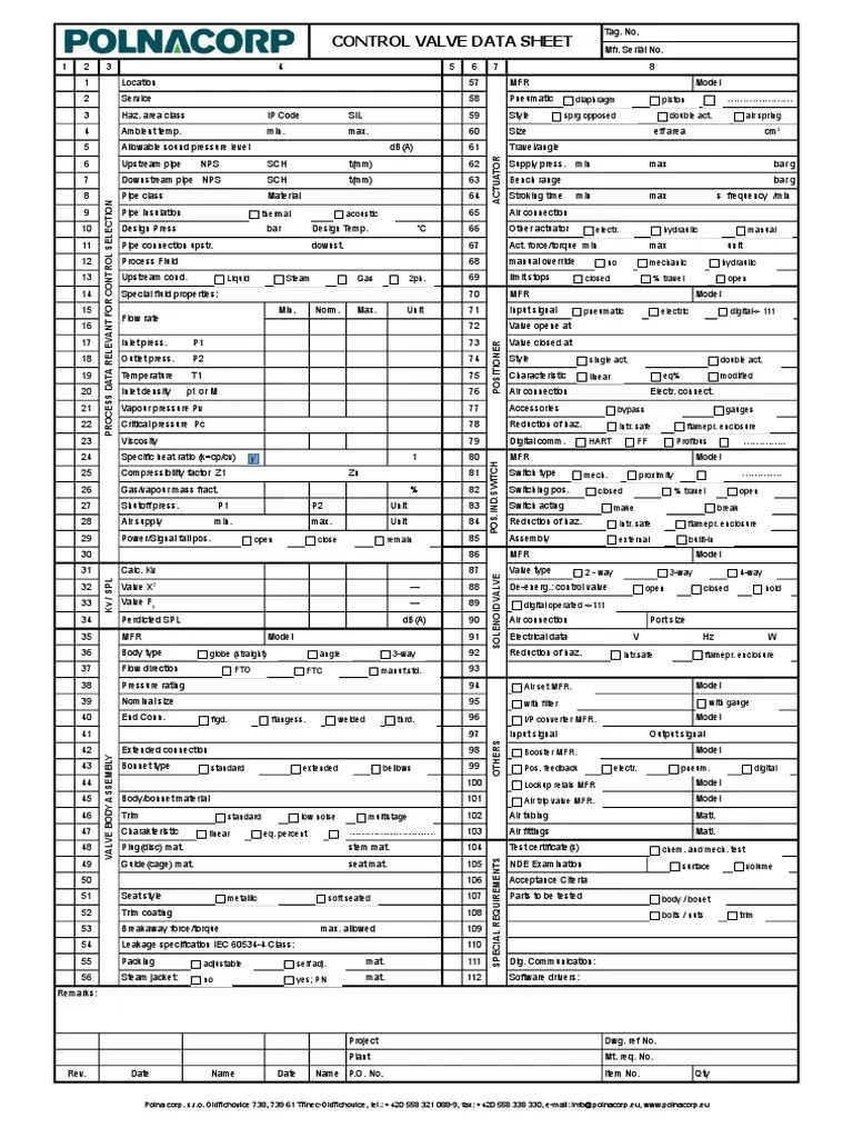 control valve specification sheet Sheet valve safety check selection