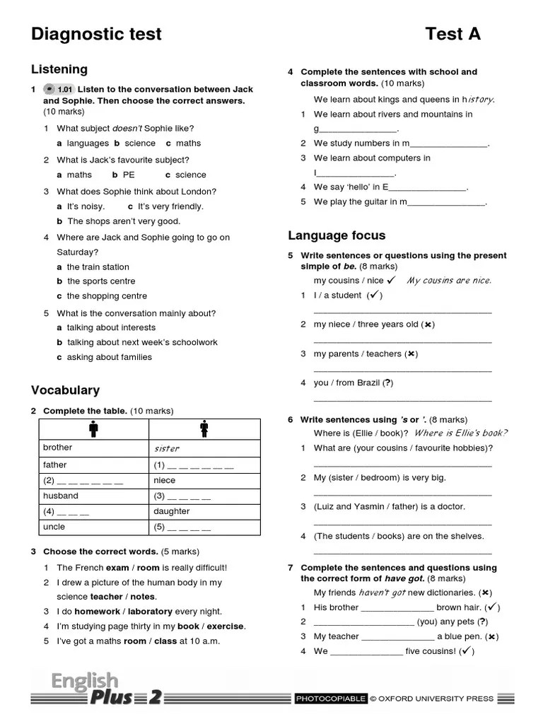 Diagnostic Test A Classroom Schools