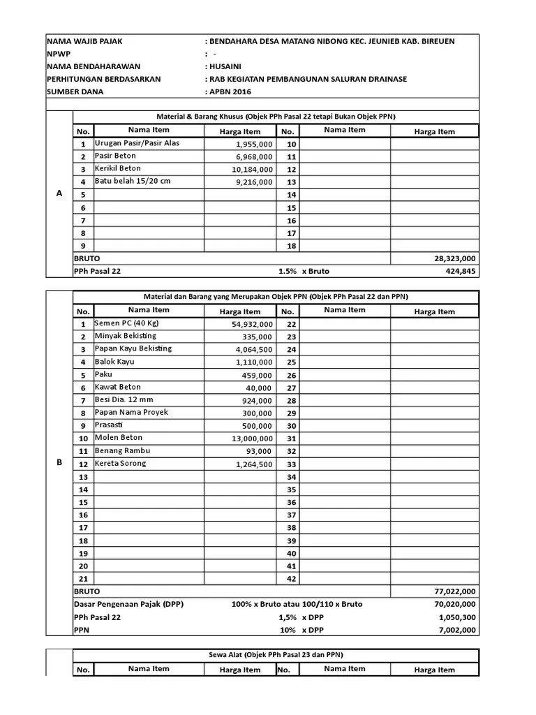 Perhitungan Pajak Dana Desa. Mt. Nibong t.a.2016