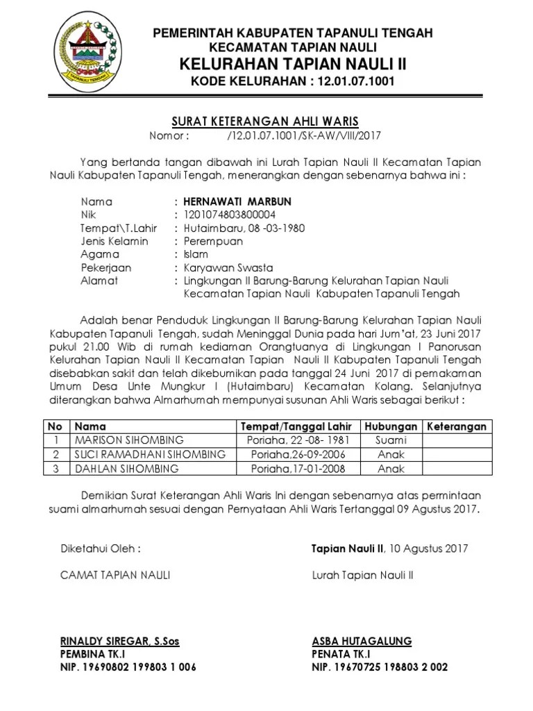 17 Contoh Surat Keterangan Ahli Waris Dari Lurahkepala Desa