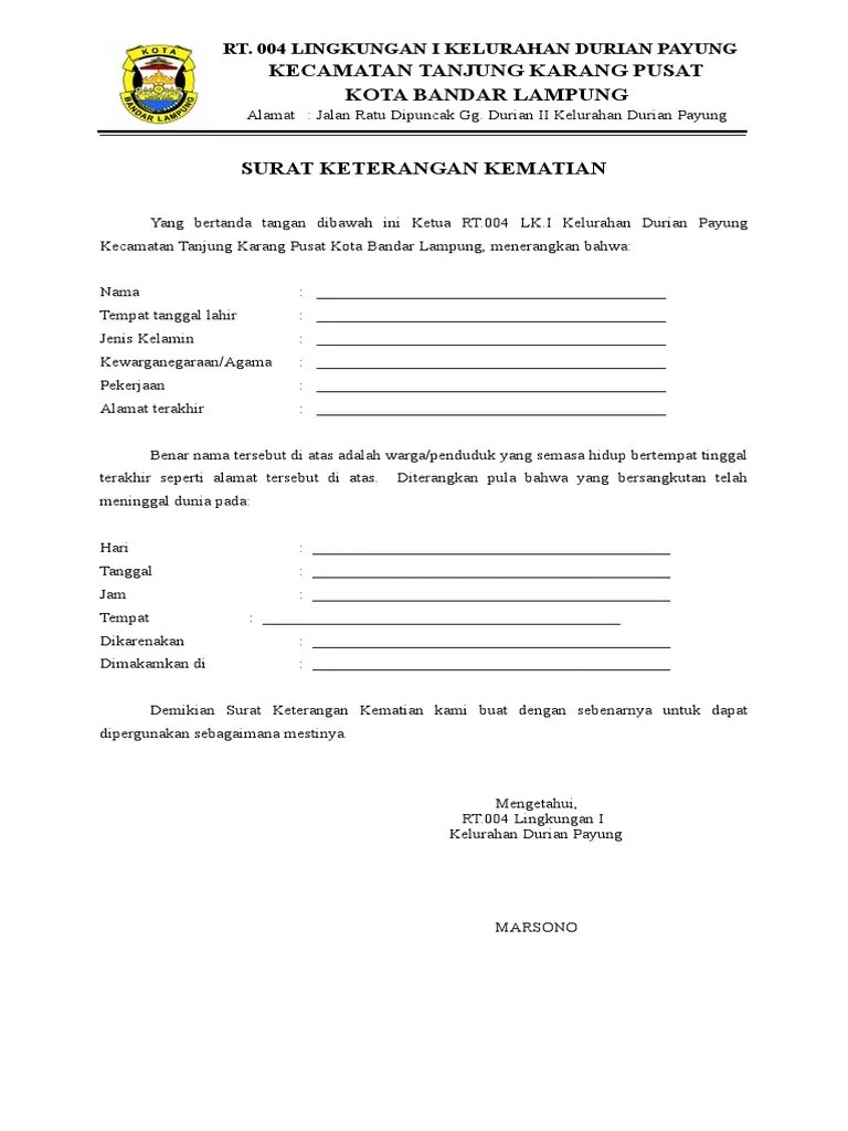 Contoh format ini diambil dari salah satu desa di kecamatan jeumpa kabupaten bireuen provinsi aceh. Contoh Surat Kematian Dari RT