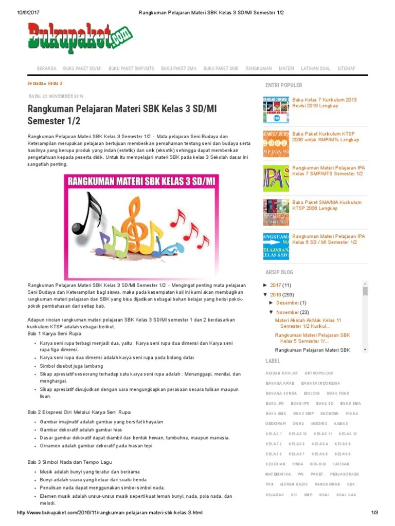 Rangkuman Pelajaran Materi SBK Kelas 3 SD MI Semester 1 2 PDF