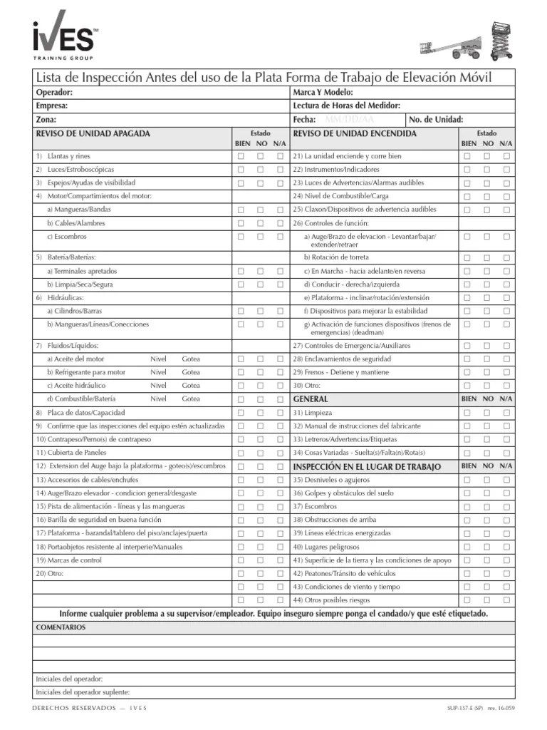 Aerial Lifts Pre Use Inspection SUP 137 e SP 16 059 Ingeniería Ciencia