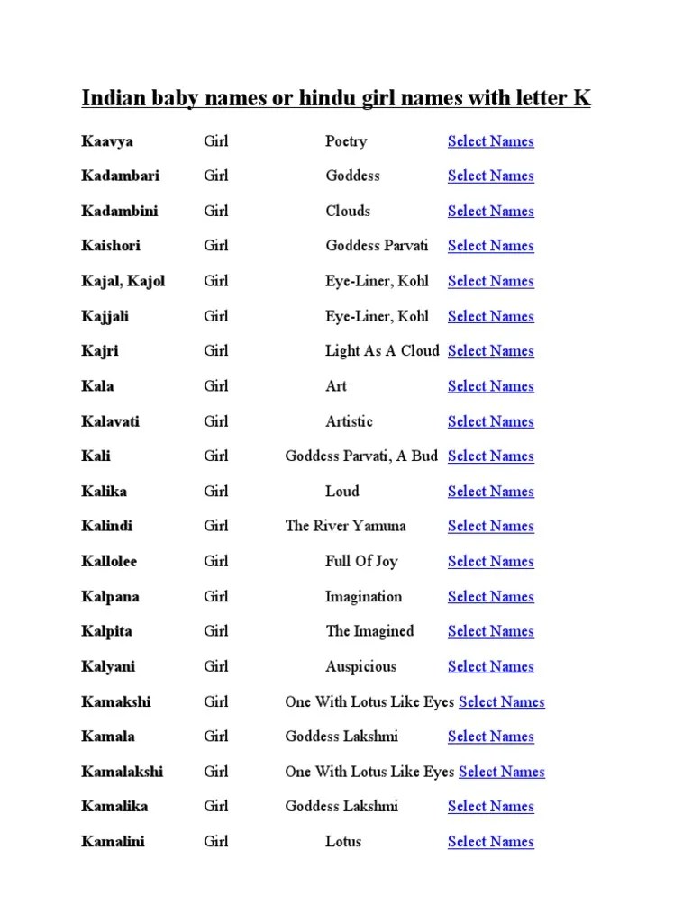 Hindu Girl Names With Letter K PDF Religion And Belief Kali