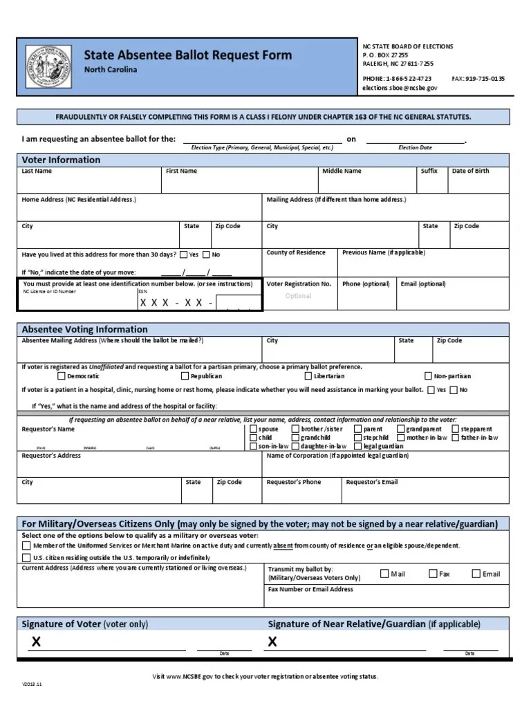 NC Absentee Ballot Request Form Absentee Ballot Voter Registration